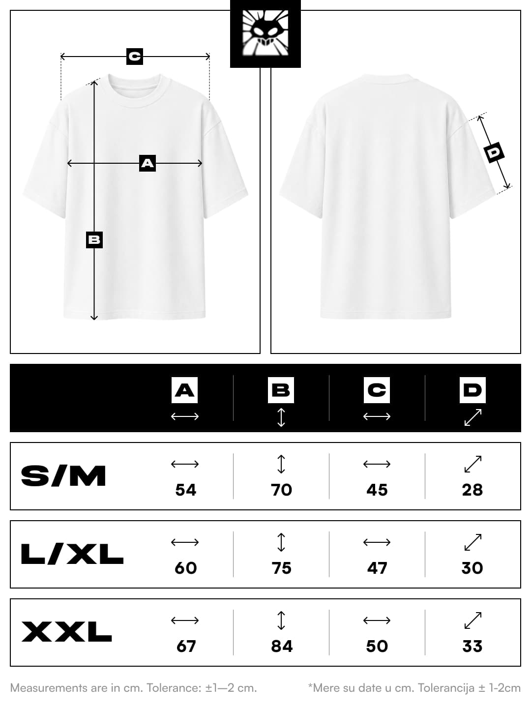 Size chart — S/M, L/XL and XXL measurements